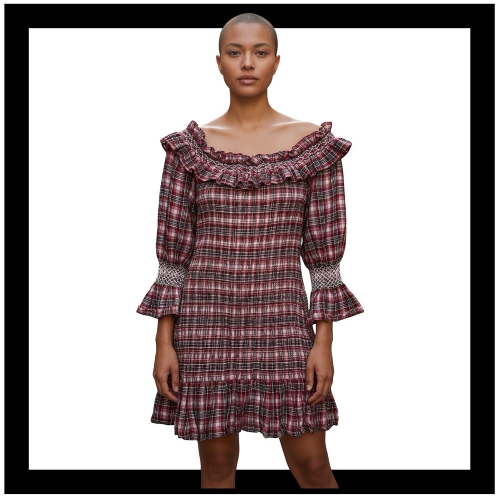Anthropologie Pilcro Smocked Plaid Mini Dress L Off Shoulder Cotton Festive Red‎